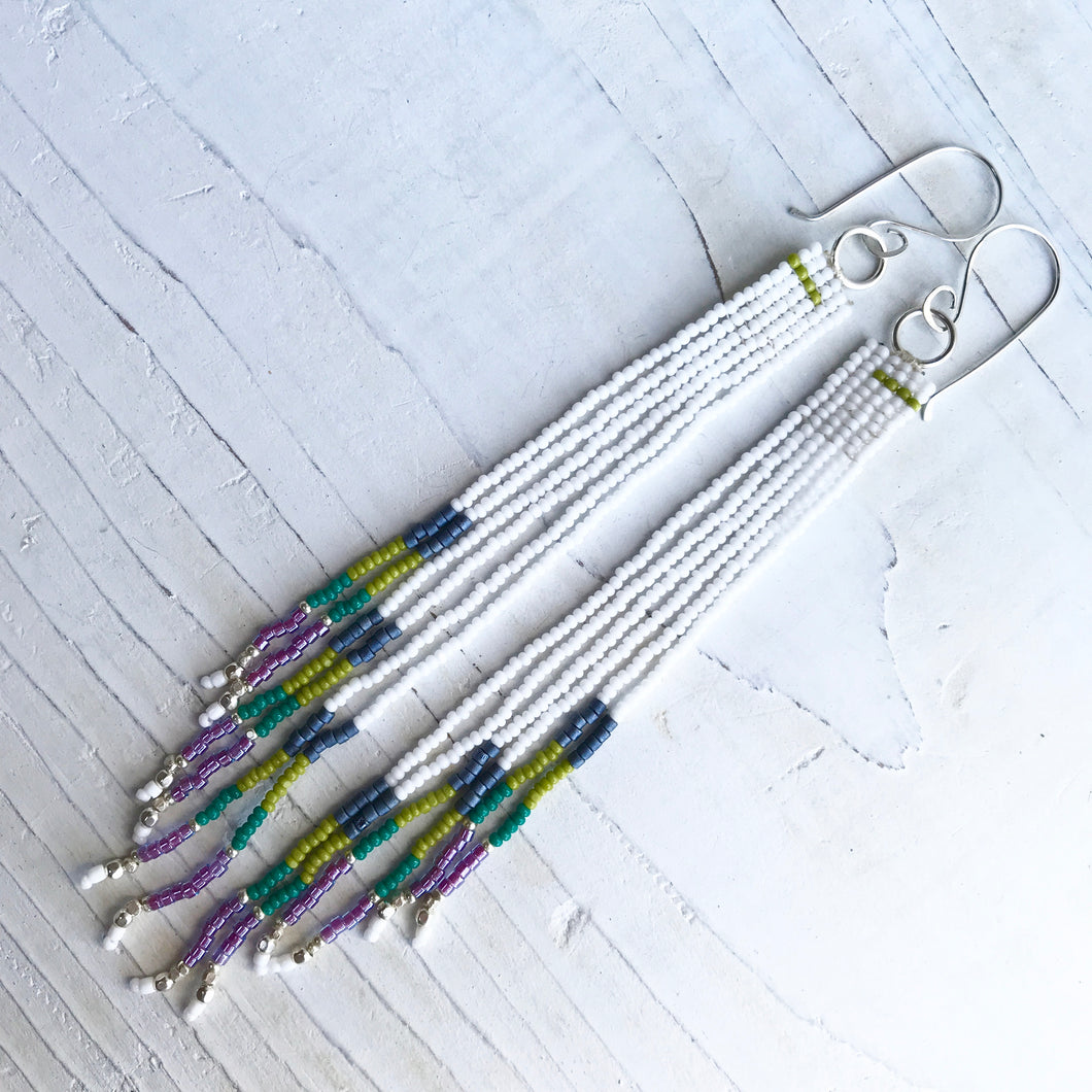 Bead Fringe Earrings-Green& Purple
